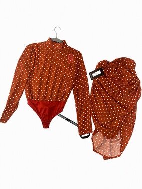 PrettyLittleThing Rust Polka Dot Bodysuit & Ruched Skirt Set NWT